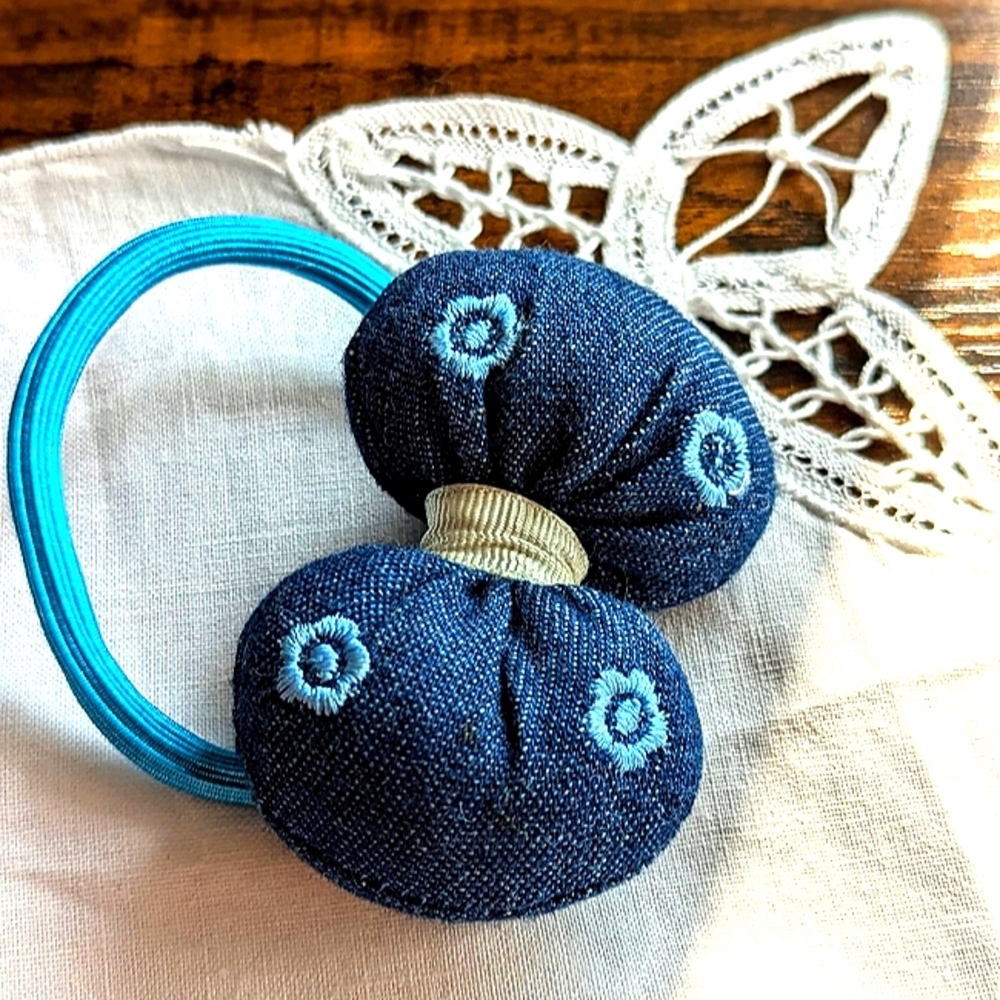 Handmade Bow Denim Hair Tie